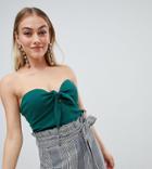 Fashion Union Petite Bandeau Top With Tie Front In Fine Rib - Green
