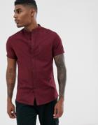 Asos Design Skinny Fit Casual Oxford Shirt In Burgundy With Grandad Collar-red