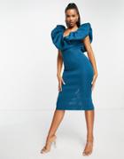 Asos Design Bubble Collar Long Sleeved Body-conscious Midi Dress With Open Back In Blue-blues