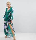 Asos Petite Ruffle Maxi Dress In Green Floral Print - Multi