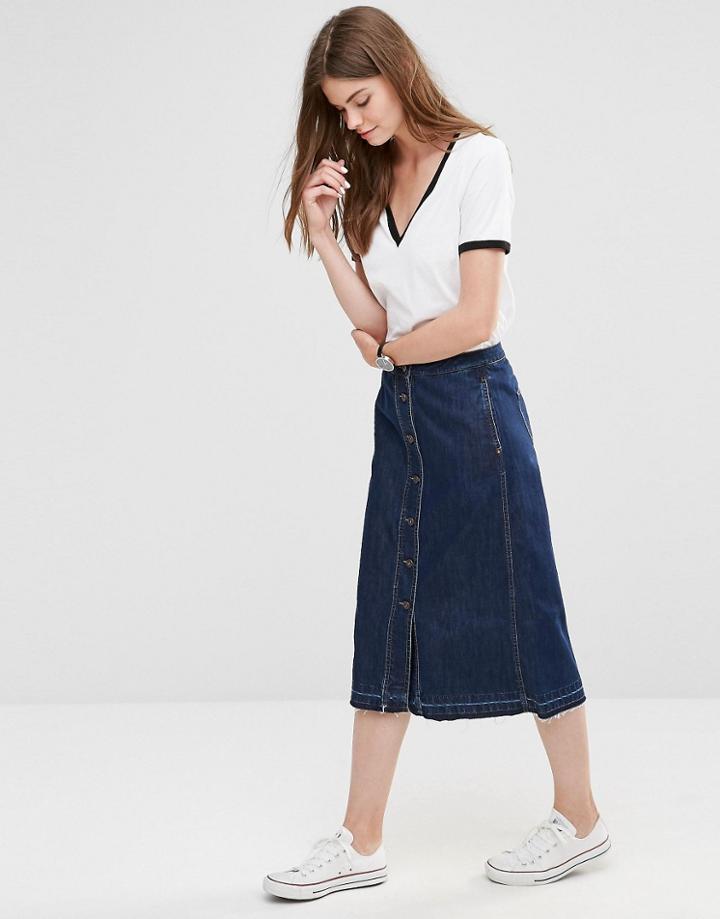 Only Button Through Midi A-line Denim Skirt - Blue