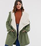 Asos Design Curve Waterfall Parka With Fleece Lining In Khaki-pink