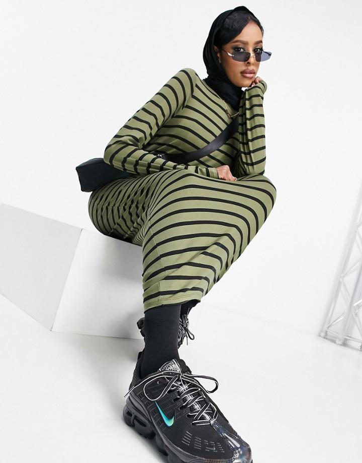 Asos Design Long Sleeve Maxi T-shirt Dress In Khaki And Black Stripe-green