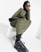 Asos Design Long Sleeve Maxi T-shirt Dress In Khaki And Black Stripe-green