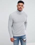 Asos Textured Cable Knit Roll Neck Sweater In Gray - Gray
