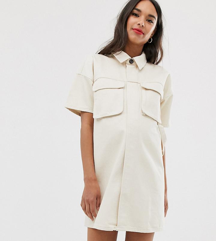 Asos Design Maternity Denim Boxy Shirt Dress In Ecru - White