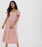Asos Design Petite Broderie Maxi Dress With Sweetheart Neckline And Puff Sleeves - Pink