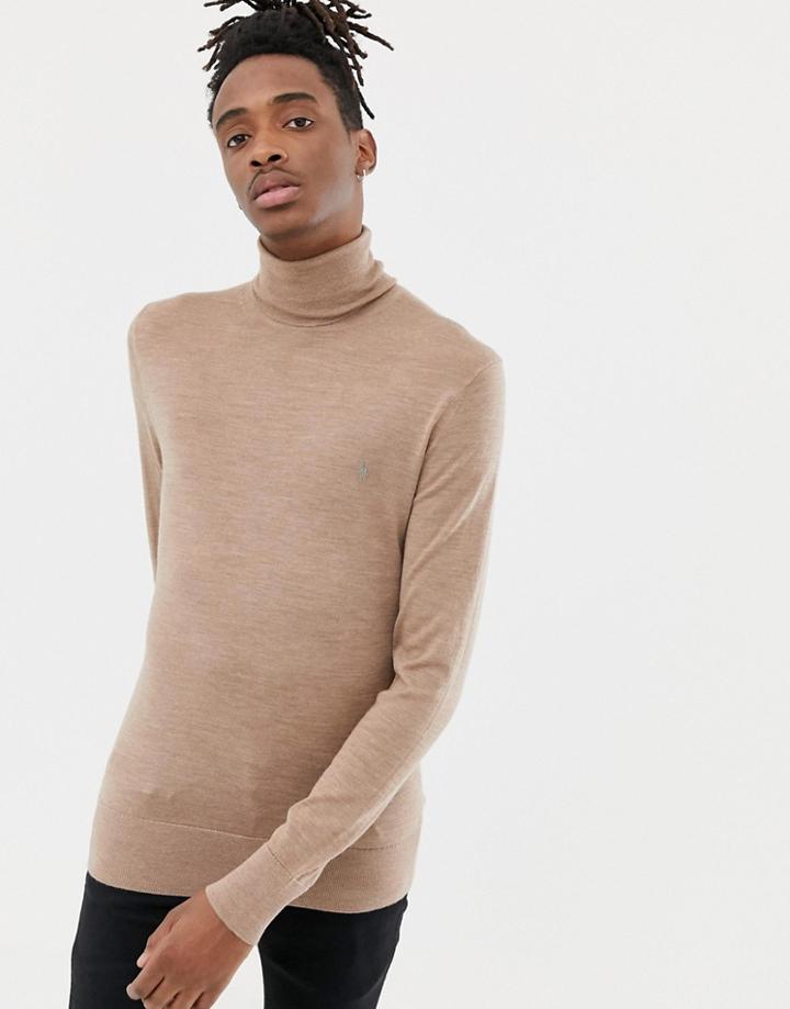 Allsaints Roll Neck Sweater In Beige 100% Merino With Logo - Brown