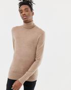 Allsaints Roll Neck Sweater In Beige 100% Merino With Logo - Brown