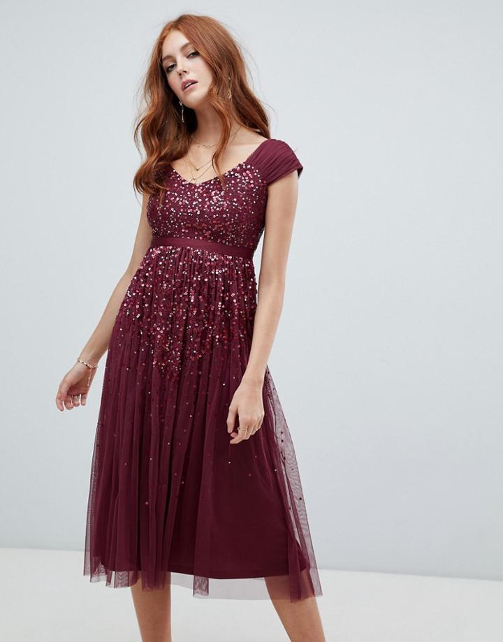 Amelia Rose Embellished Ombre Sequin Midi Dress With Cami Strap In Berry-red
