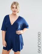 Asos Curve Romper With Flutter Sleeve And Tie Back - Navy