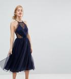 Asos Petite Lace Paneled Tulle Mesh Midi Dress - Navy