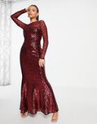 Goddiva Long Sleeved Sequin Maxi Dress With Fishtail In Wine-red
