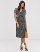 River Island Puff Sleeve Midi Dress With Ruffle Waist In Black Print