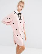 Lazy Oaf Shirt Dress With Flocked Spots And Tie Neck Collar - Pink