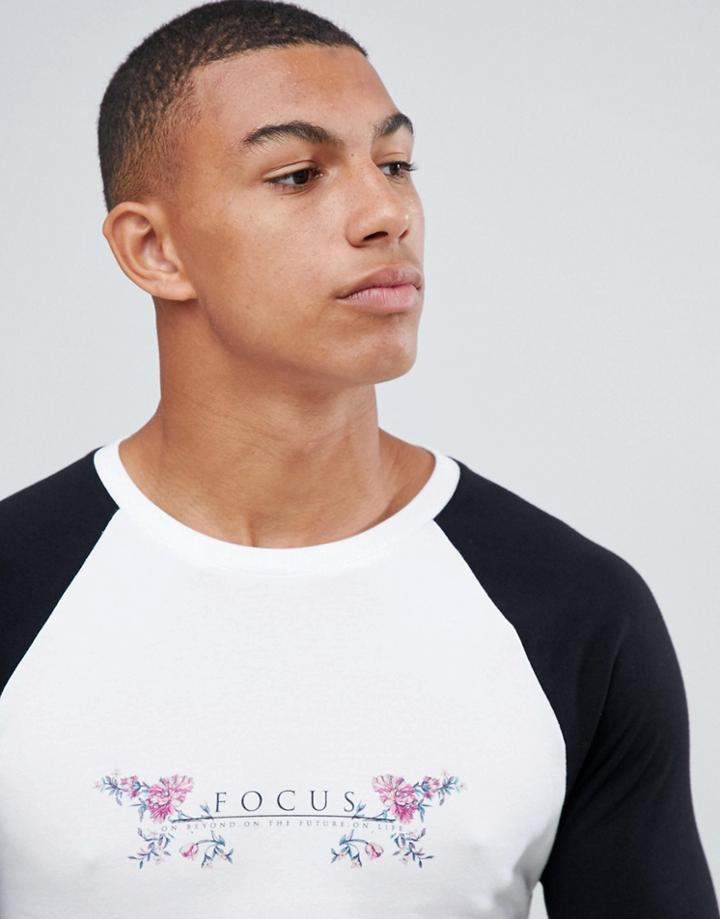 Asos Design Muscle Long Sleeve Raglan With Focus Print - White