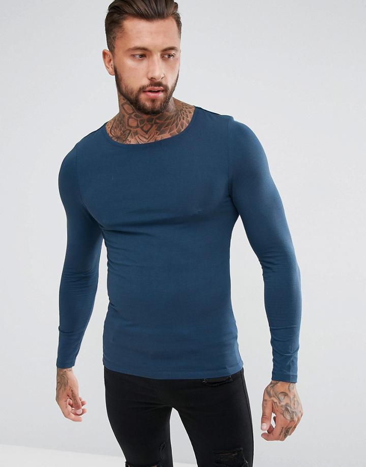 Asos Extreme Fitted Fit Long Sleeve T-shirt With Boat Neck - Navy