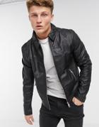 Asos Design Leather Harrington Jacket In Black