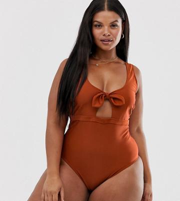 Peek & Beau Curve Exclusive Eco Tie Bow Front Swimsuit In Redwood - Orange