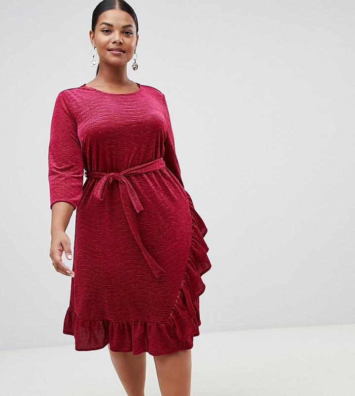 Junarose Velvet Wrap Midi Dress With Frill Hem In Red