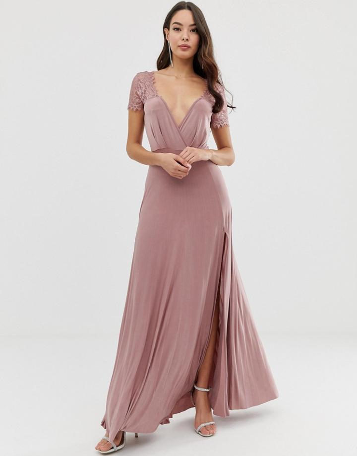 Asos Design Scallop Lace Top Pleated Maxi Dress-pink