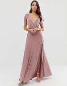 Asos Design Scallop Lace Top Pleated Maxi Dress-pink