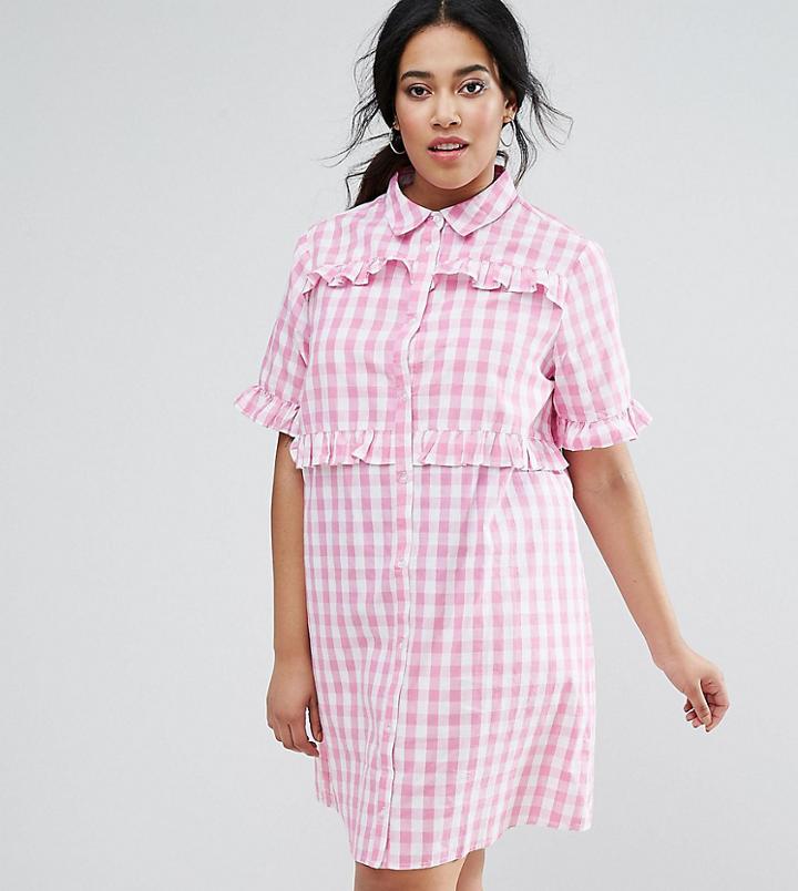 Unique 21 Hero Plus Gingham Shirt Dress With Frill Detail - Pink