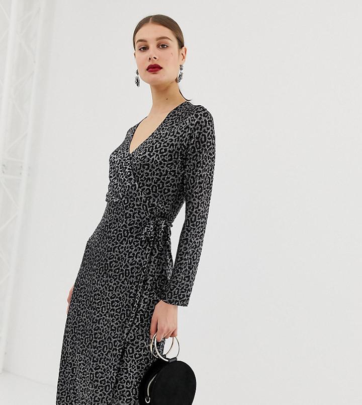 River Island Plisse Wrap Dress In Metallic Leopard Print - Black