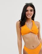 Asos Design Crinkle Twist Knot Crop Bikini Top In Orange