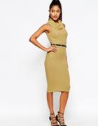 Michelle Keegan Loves Lipsy Roll Neck Body-conscious Dress With Belt - Camel