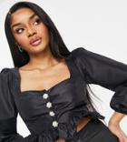 Asos Design Petite Long Sleeve Taffeta Top With Diamante Buttons-black