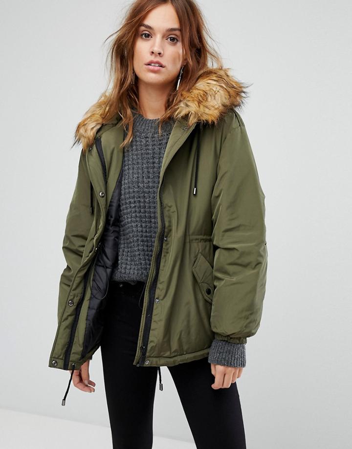 Warehouse Drawstring Waist Faux Fur Collar Parka Coat - Green