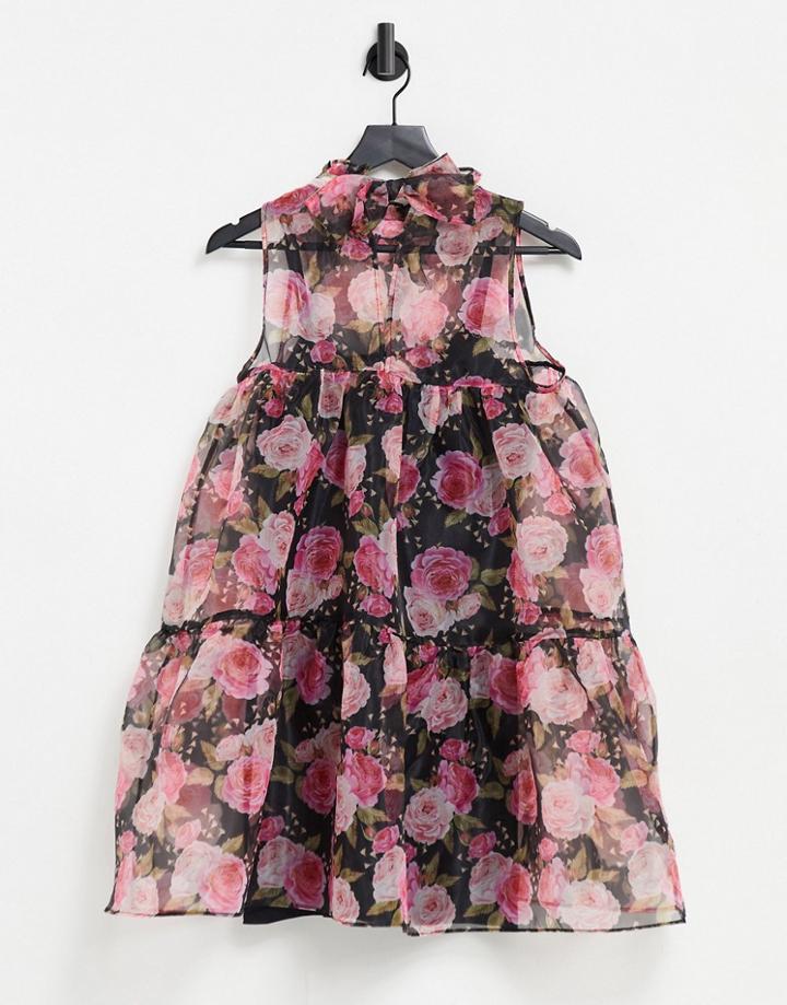 Rare London High Neck Shift Dress In Floral-black