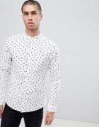 Asos Design Skinny Smart Work Shirt With Ditsy Print And Grandad Collar - White