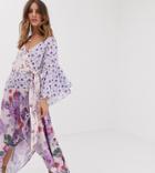White Sand Contrast Ruffle Asymmetric Midaxi Dress In Multi Floral