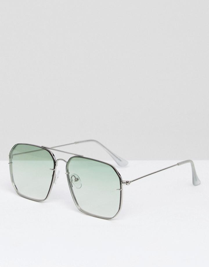 Asos Laid On Lens Aviator Fashion Sunglasses With Pale Green Fade Lens - Silver