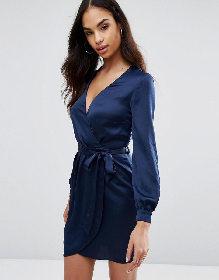 Lipsy Wrap Front Satin Shirt Dress - Navy
