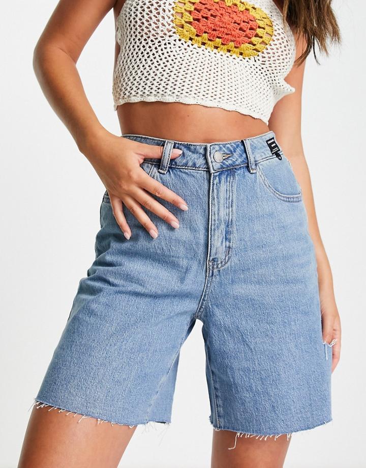 Urban Revivo Longline Denim Shorts With Raw Edge In Mid Wash Denim-blue