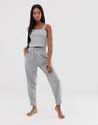 Asos Design Lounge Ribbed Square Neck Crop And Slim High Waist Jogger Set-gray