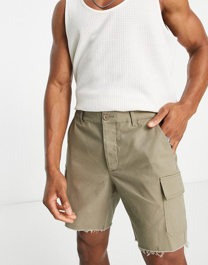 Asos Design Slim Cargo Shorts With Raw Hem In Khaki-green