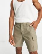 Asos Design Slim Cargo Shorts With Raw Hem In Khaki-green