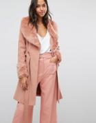 Miss Selfridge Faux Fur Cuff Fit & Flare Coat - Pink