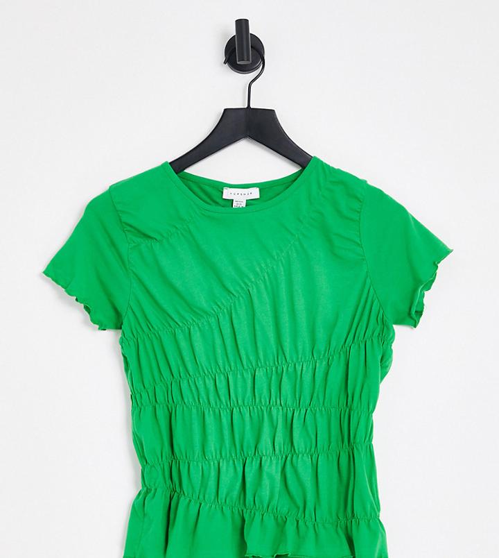 Topshop Petite Shirred Ruched Tee In Green
