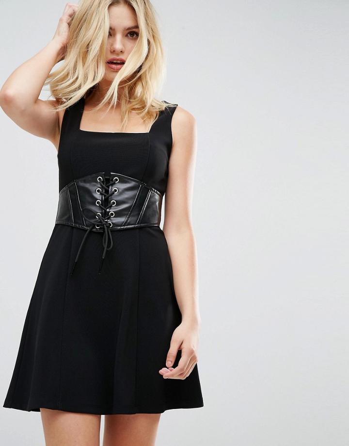 Asos Premium Rib Mini Skater Dress With Faux Leather Corset - Black