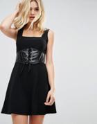 Asos Premium Rib Mini Skater Dress With Faux Leather Corset - Black