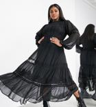 Asos Edition Curve Tiered Maxi Dress With Applique Embroidery-black
