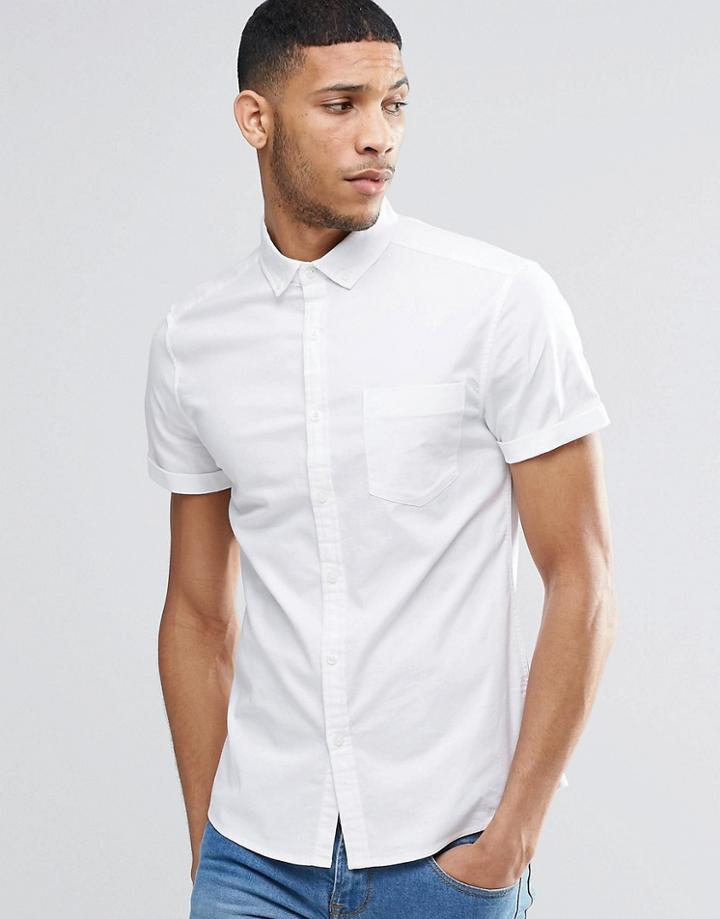 Asos Skinny Oxford Shirt In Short Sleeves - White