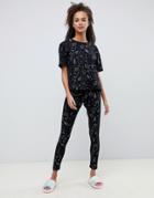 Asos Design Star Gazer Printed Boxy Tee And Legging Pyjama Set - Black