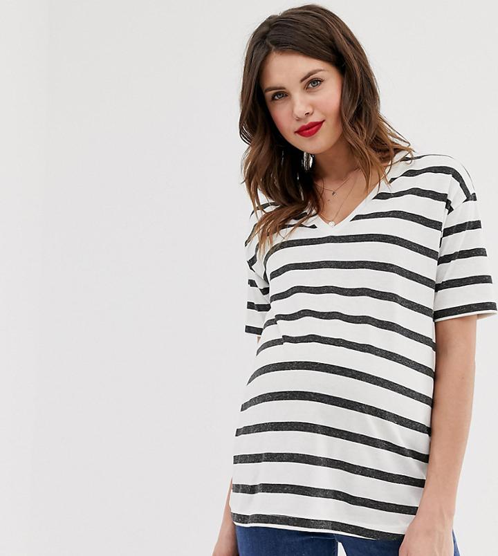 Asos Design Maternity Linen T-shirt With V-neck In Stripe - Multi
