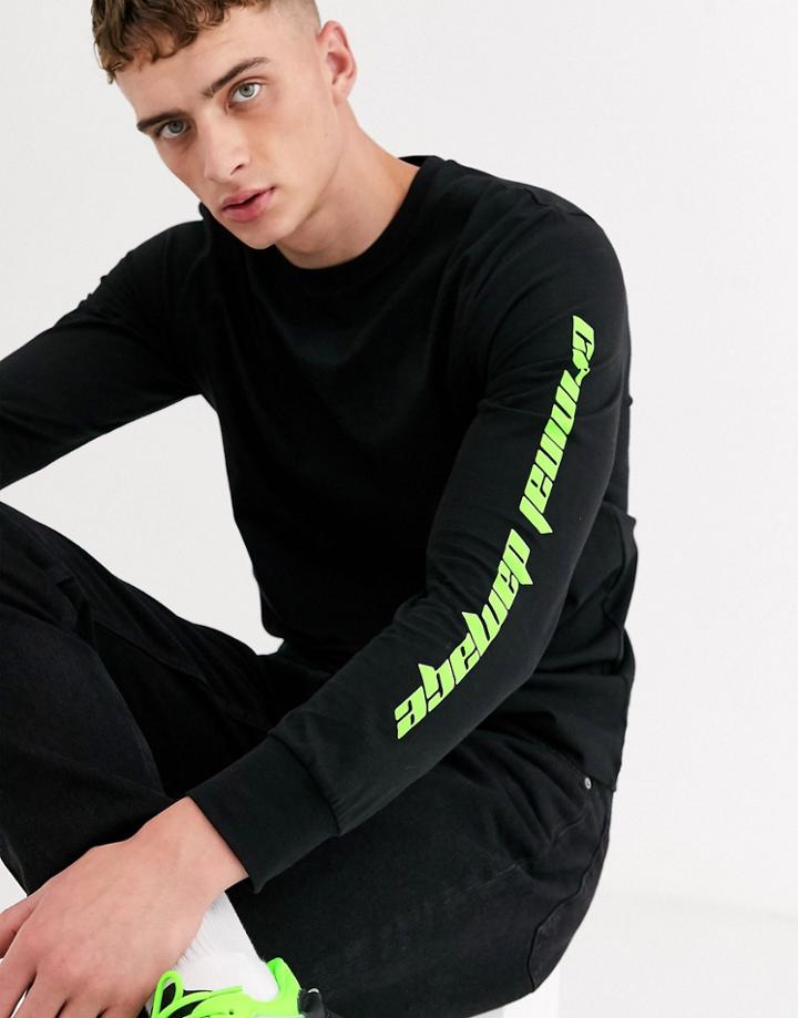 Criminal Damage Long Sleeve T-shirt In Black With Neon Logo